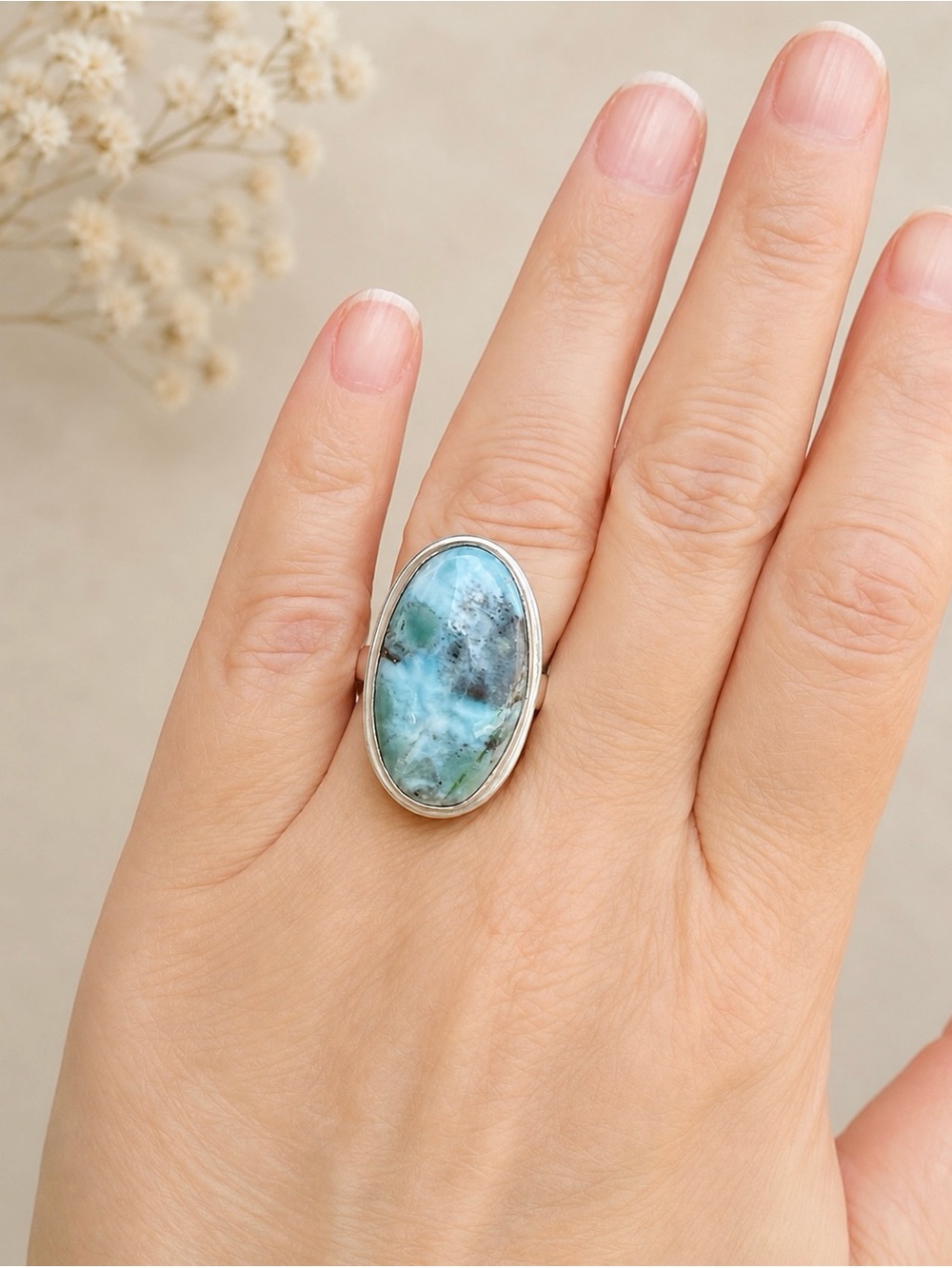 Natural Genuine Larimar 925 Silver Ring-Sz 8